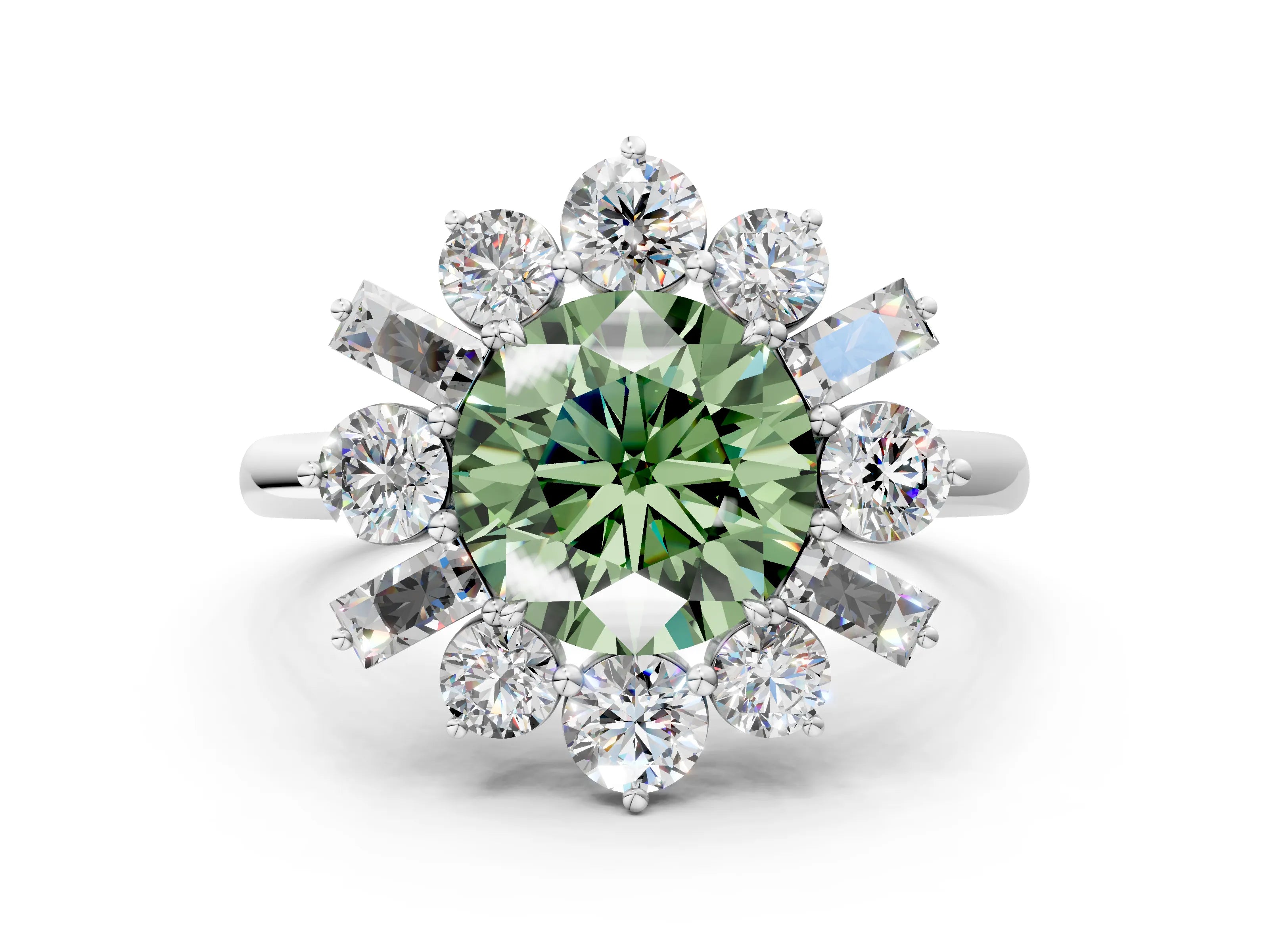 White gold Fancy Green Round Cut Diamond Cluster Ring with Round and Baguette Stones, Split Shank Band, Prong Setting