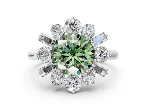 White gold Fancy Green Round Cut Diamond Cluster Ring with Round and Baguette Stones, Split Shank Band, Prong Setting