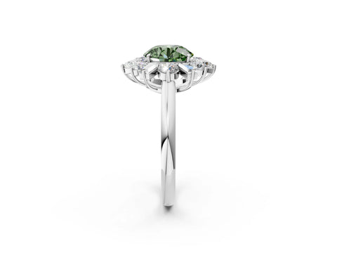 White gold Fancy Green Round Cut Diamond Cluster Ring with Round and Baguette Stones, Split Shank Band, Prong Setting_2