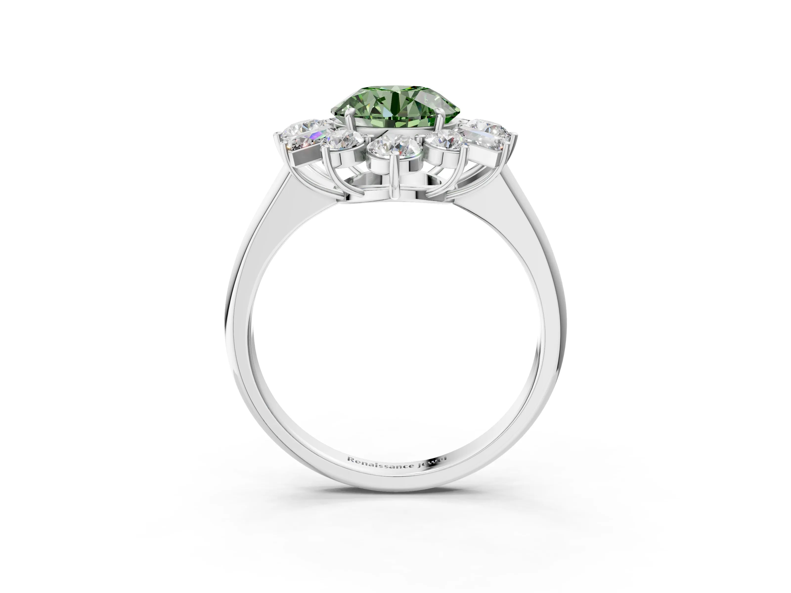 White gold Fancy Green Round Cut Diamond Cluster Ring with Round and Baguette Stones, Split Shank Band, Prong Setting_3