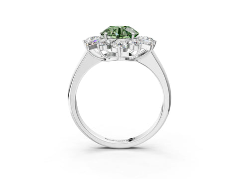 White gold Fancy Green Round Cut Diamond Cluster Ring with Round and Baguette Stones, Split Shank Band, Prong Setting_3