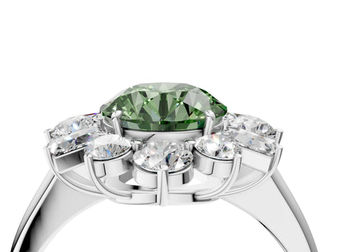 White gold Fancy Green Round Cut Diamond Cluster Ring with Round and Baguette Stones, Split Shank Band, Prong Setting_4