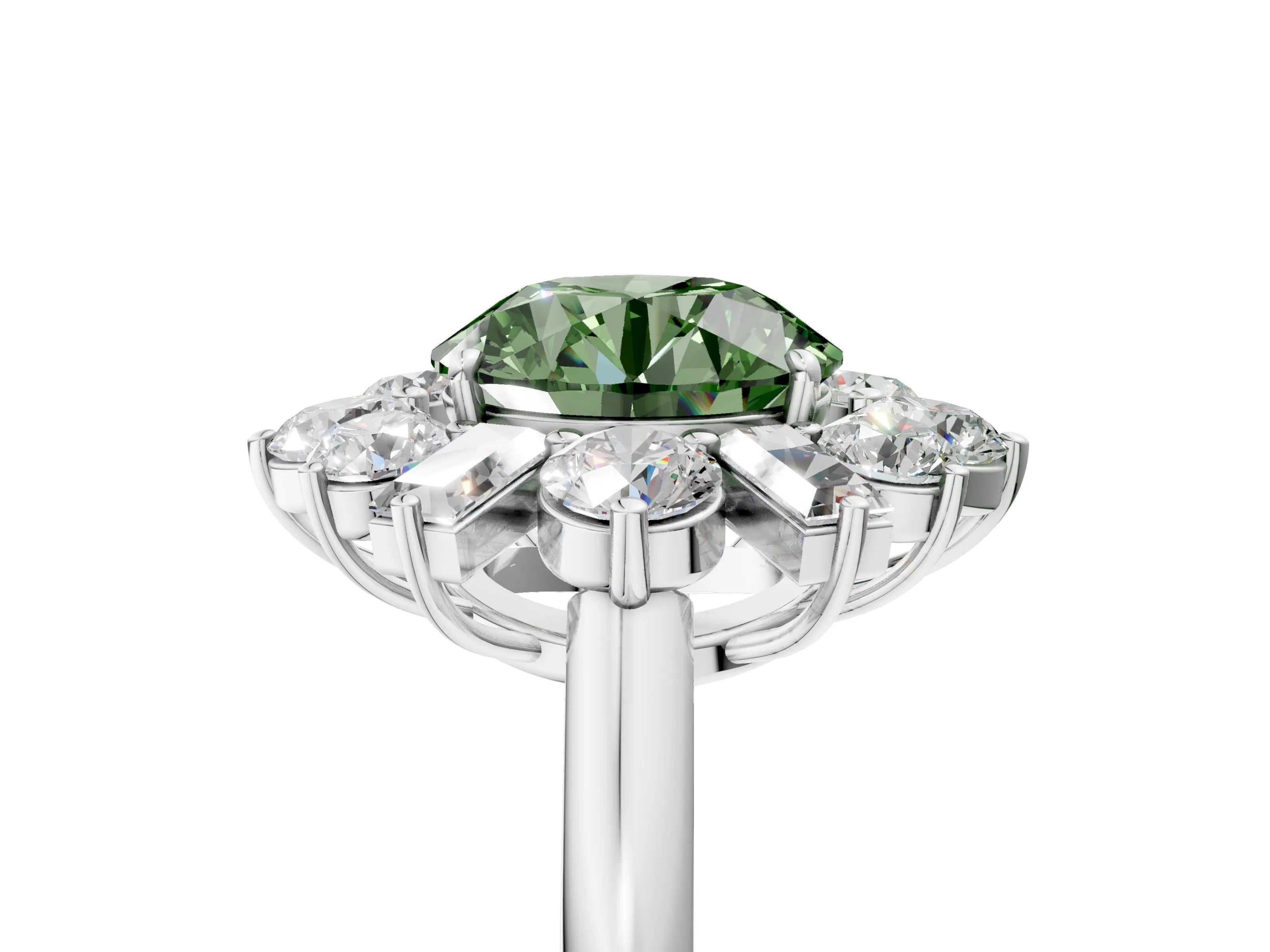 White gold Fancy Green Round Cut Diamond Cluster Ring with Round and Baguette Stones, Split Shank Band, Prong Setting_5
