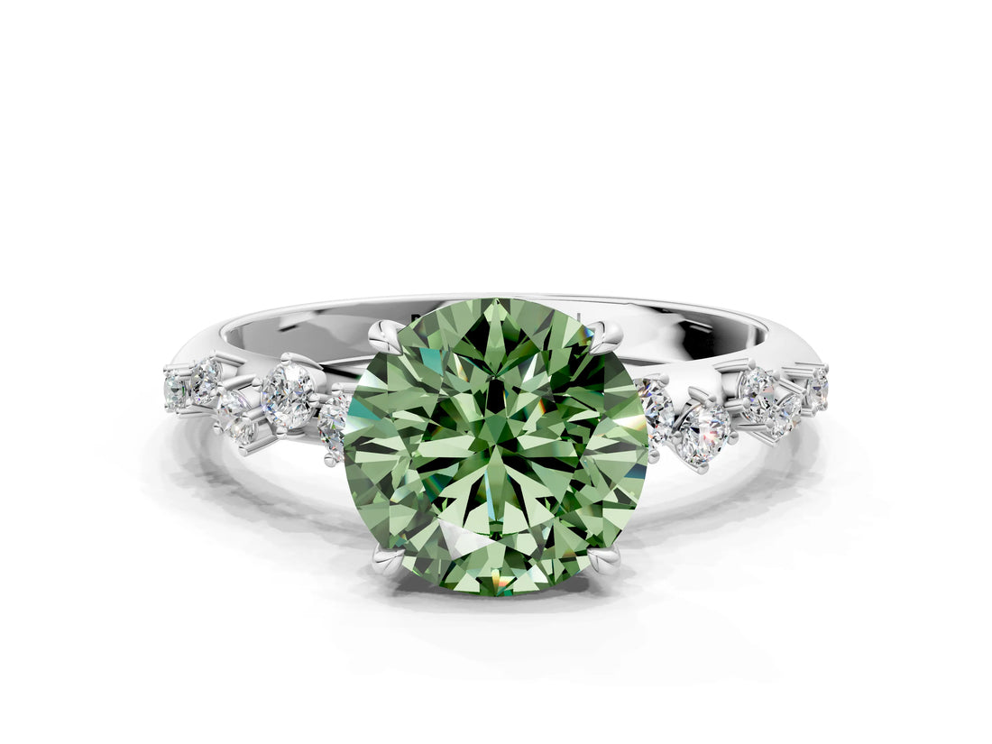 White gold Fancy Green Round Cut Diamond Cluster Side Stone Solitaire Ring with Prong Setting_77