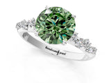 White gold Fancy Green Round Cut Diamond Cluster Side Stone Solitaire Ring with Prong Setting_78