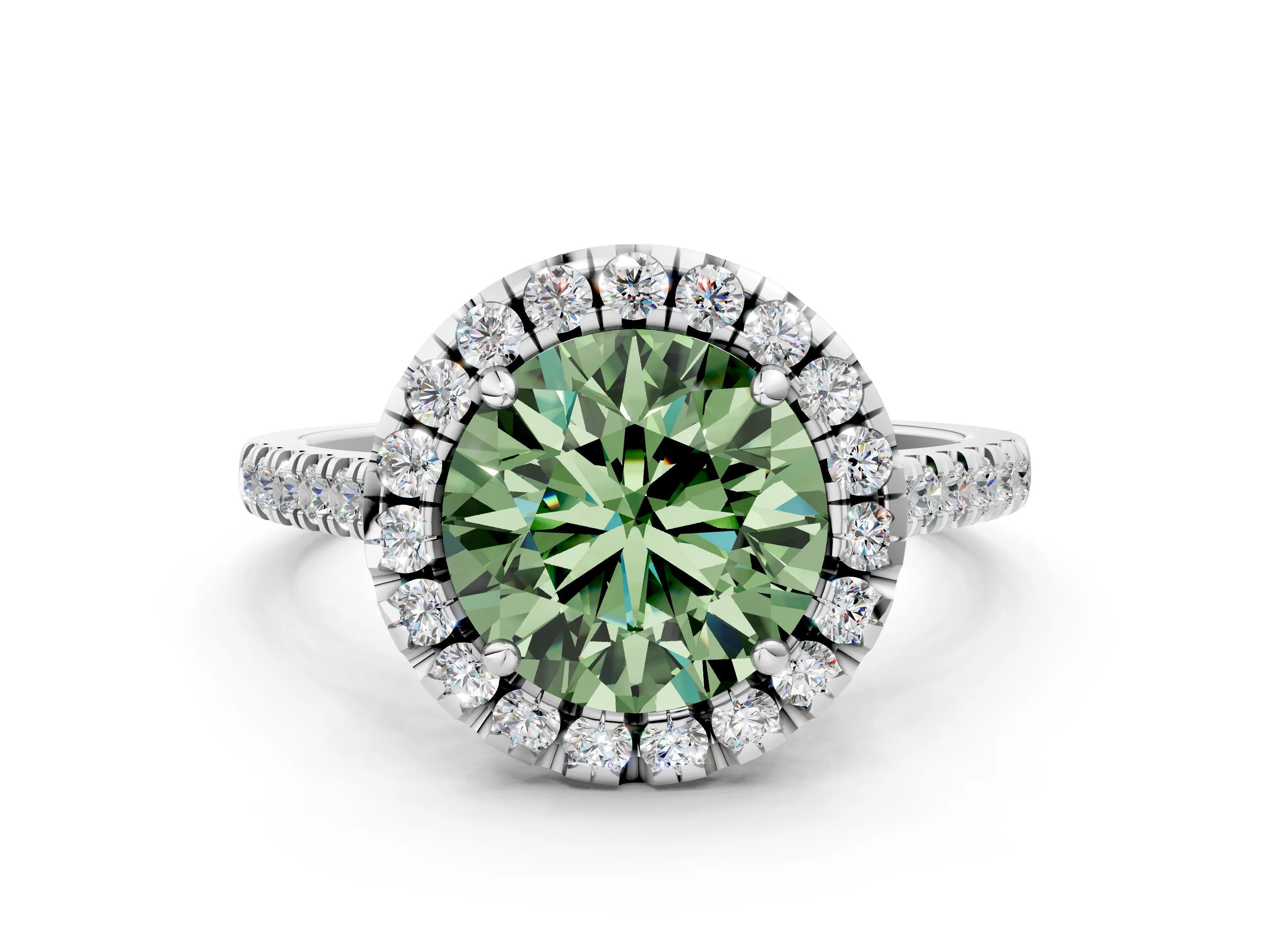 White gold Fancy Green Round Cut Diamond Cushion Halo Ring with Pavé Band