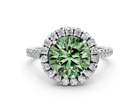 White gold Fancy Green Round Cut Diamond Cushion Halo Ring with Pavé Band