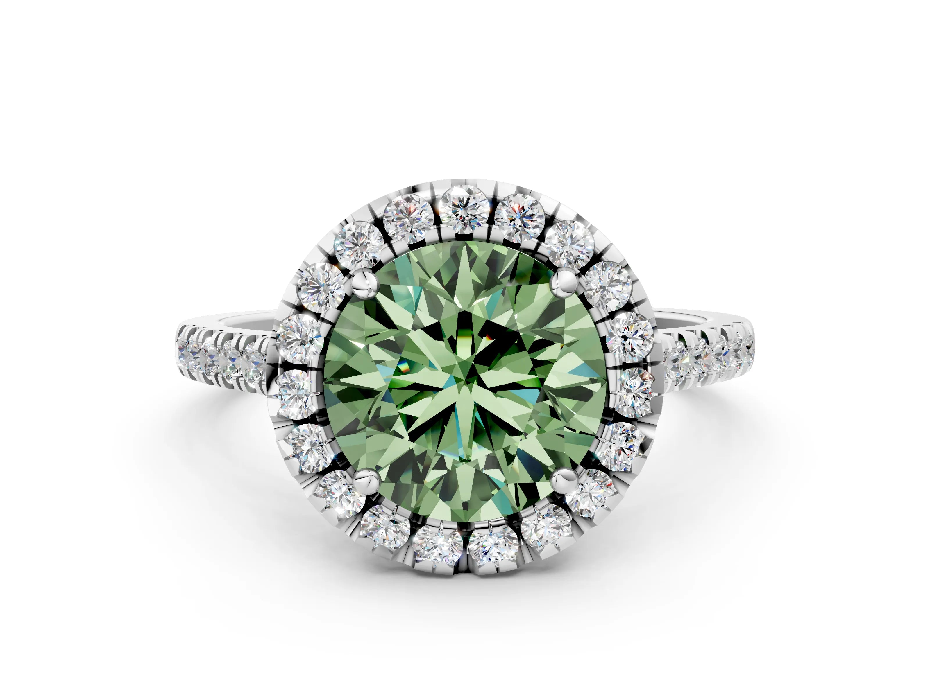 White gold Fancy Green Round Cut Diamond Cushion Halo Ring with Pavé Band_24