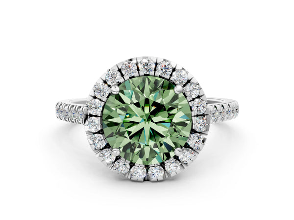 White gold Fancy Green Round Cut Diamond Cushion Halo Ring with Pavé Band