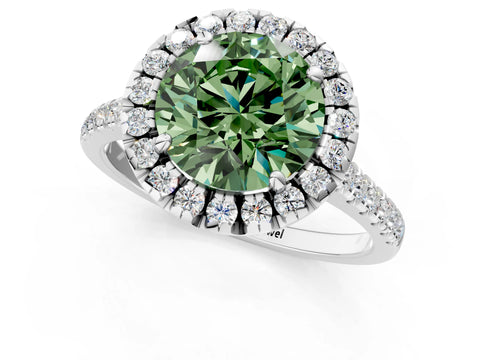 White gold Fancy Green Round Cut Diamond Cushion Halo Ring with Pavé Band_25