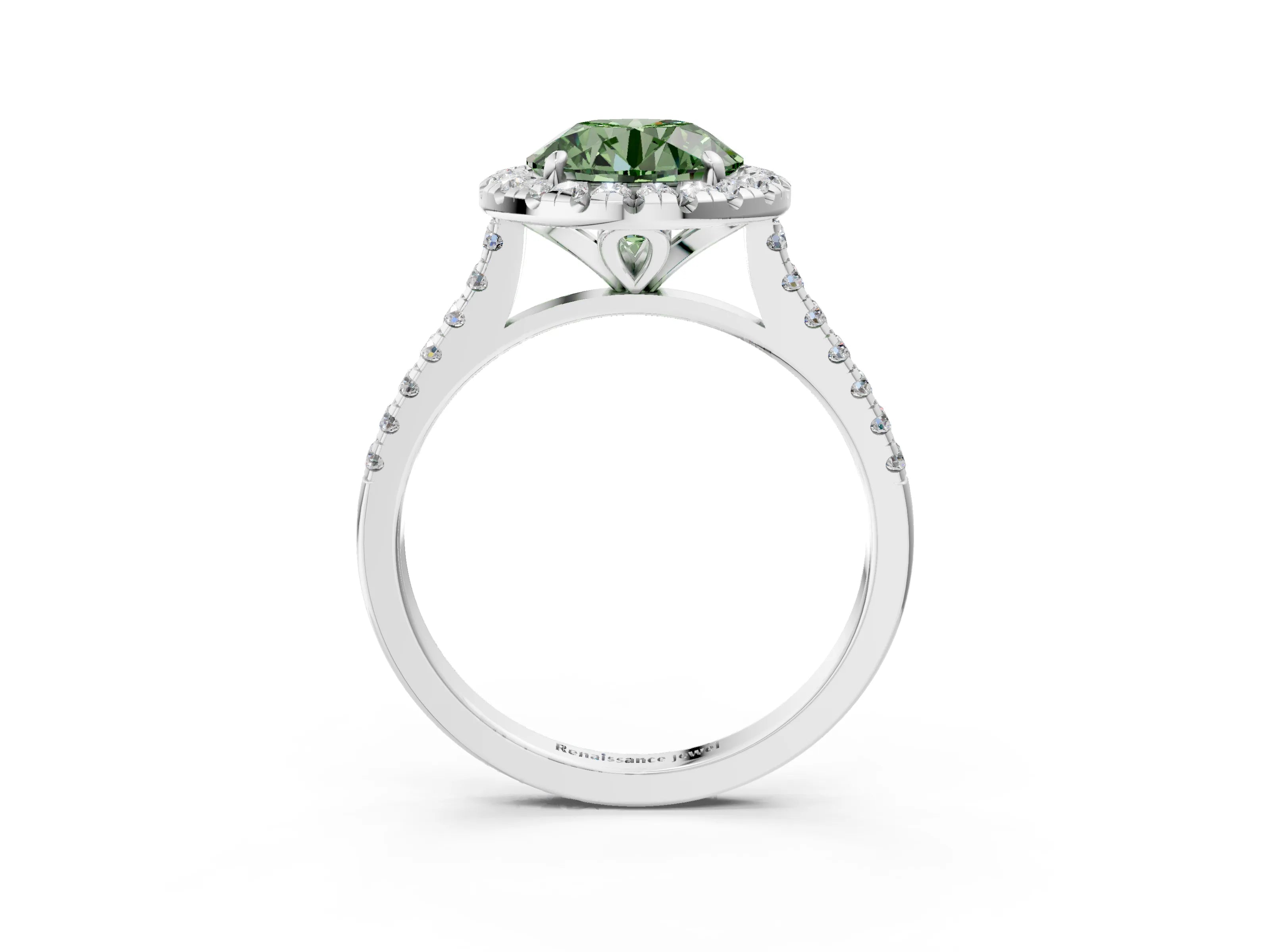 White gold Fancy Green Round Cut Diamond Cushion Halo Ring with Pavé Band_27