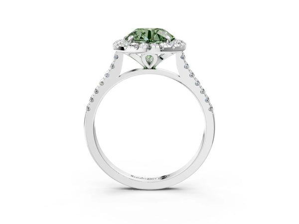 White gold Fancy Green Round Cut Diamond Cushion Halo Ring with Pavé Band