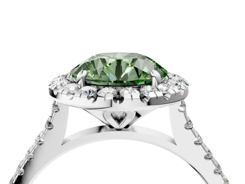 White gold Fancy Green Round Cut Diamond Cushion Halo Ring with Pavé Band_28