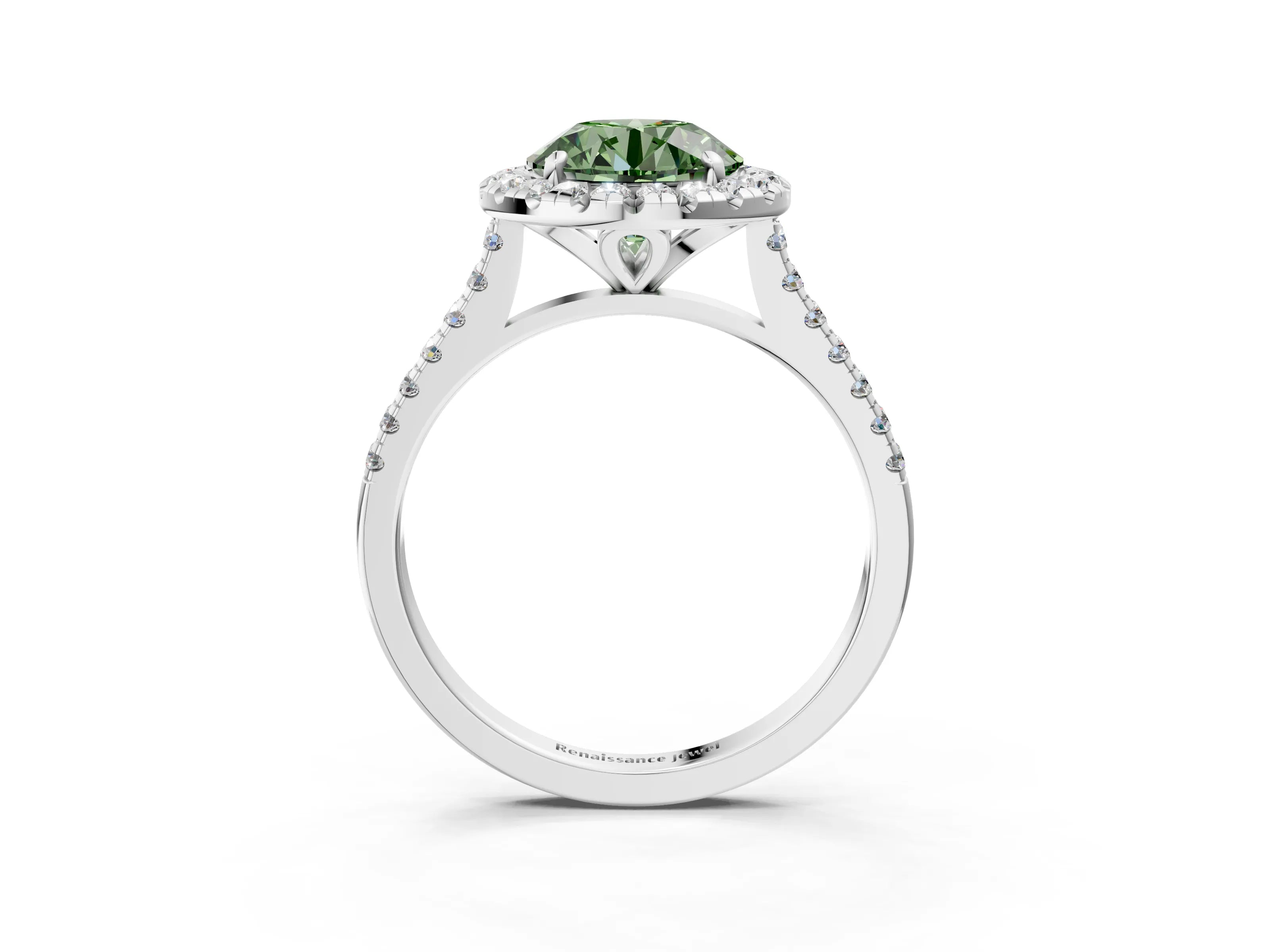 White gold Fancy Green Round Cut Diamond Cushion Halo Ring with Pavé Band_3