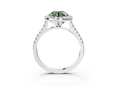 White gold Fancy Green Round Cut Diamond Cushion Halo Ring with Pavé Band_3