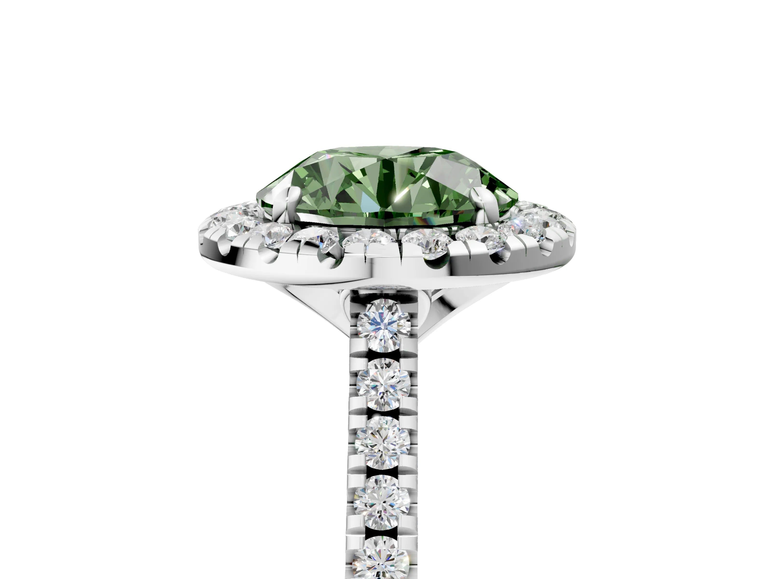 White gold Fancy Green Round Cut Diamond Cushion Halo Ring with Pavé Band_5