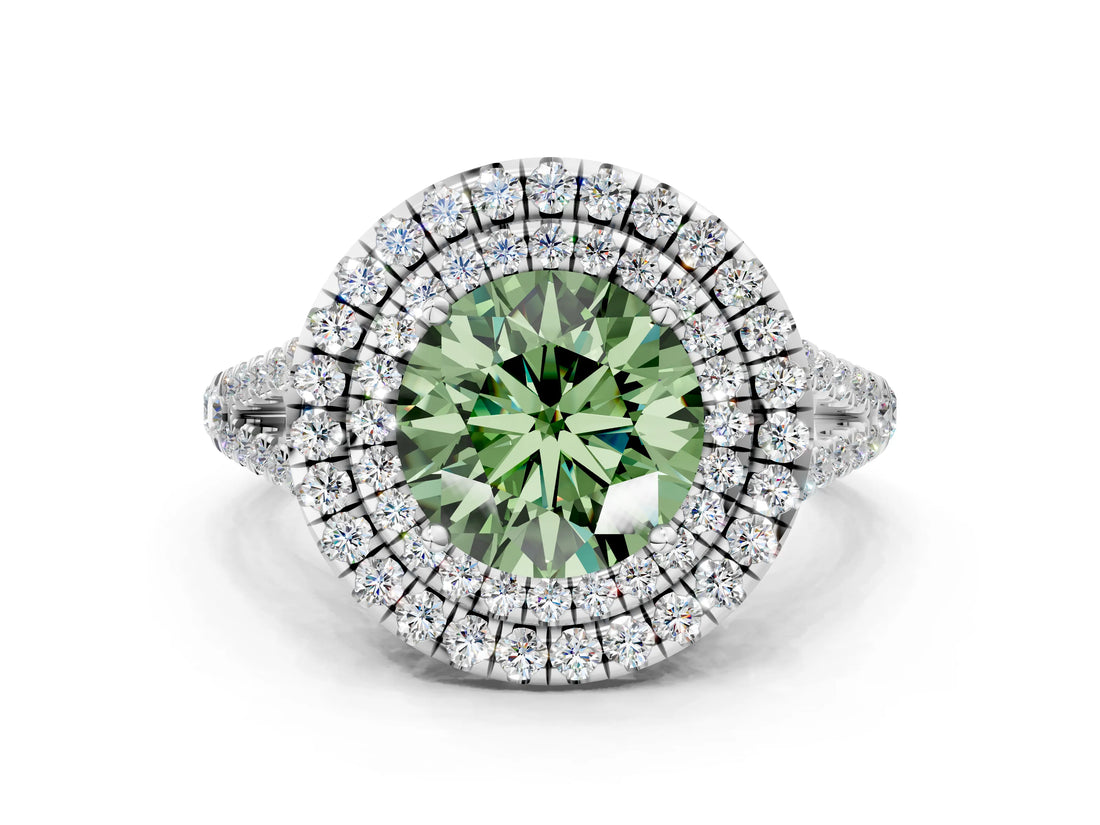 White gold Fancy Green Round Cut Diamond Double Halo Ring with Pavé Band and Prong Setting_113
