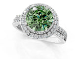 White gold Fancy Green Round Cut Diamond Double Halo Ring with Split Shank and Four-Prong Setting_1