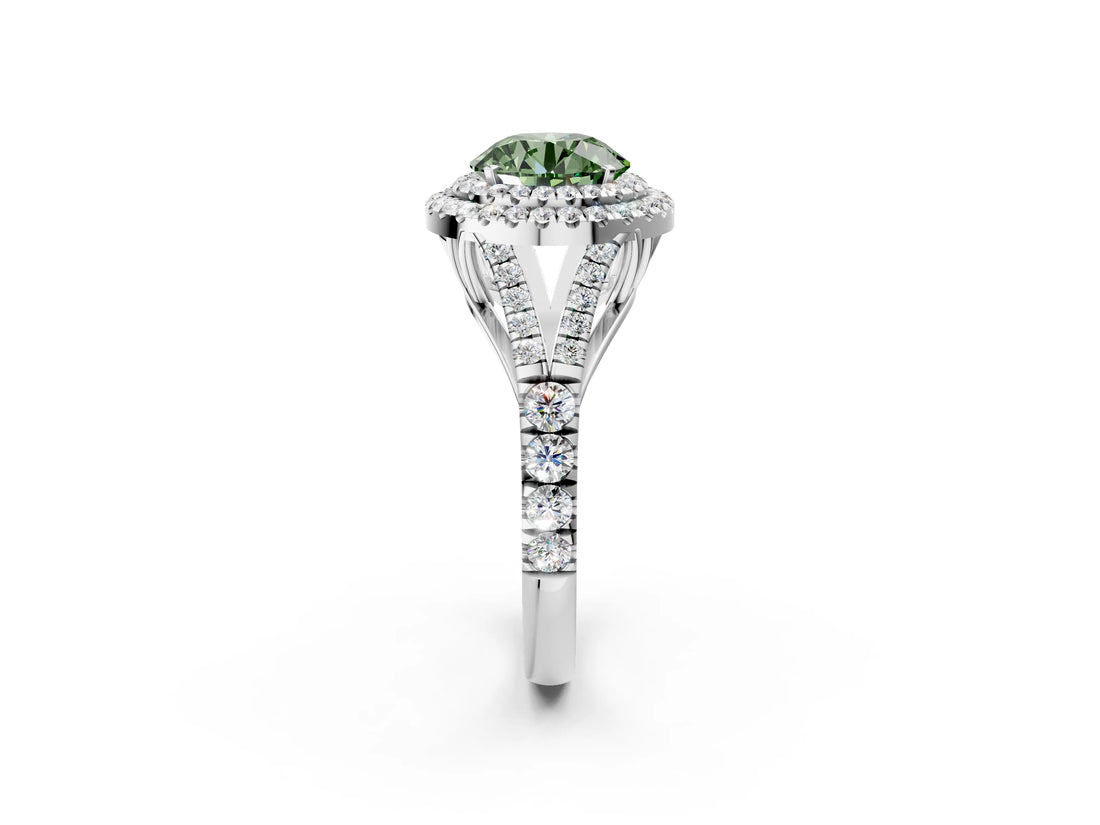 White gold Fancy Green Round Cut Diamond Double Halo Ring with Split Shank and Prong Setting_27