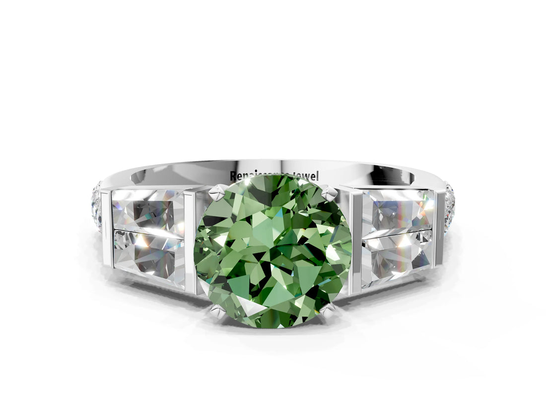 White gold Fancy Green Round Cut Diamond Engagement Ring with Baguette Side Stones and Channel Set Band_32
