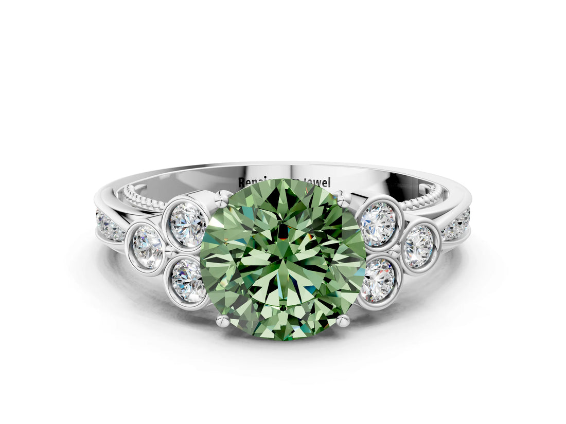White gold Fancy Green Round  Cut Diamond Engagement Ring with Bezel Set Round Side Stones and Prong Setting_49