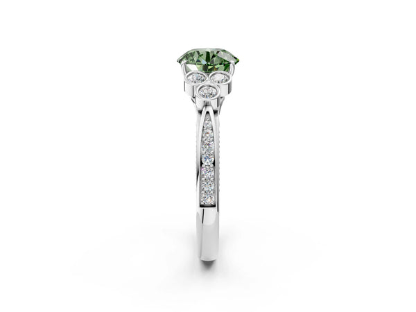 Platinum Round Engagement Ring Setting for Fancy Green Center with Bezel-Set Shoulder Clusters