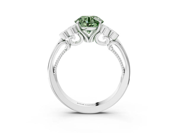 Platinum Round Engagement Ring Setting for Fancy Green Center with Bezel-Set Shoulder Clusters