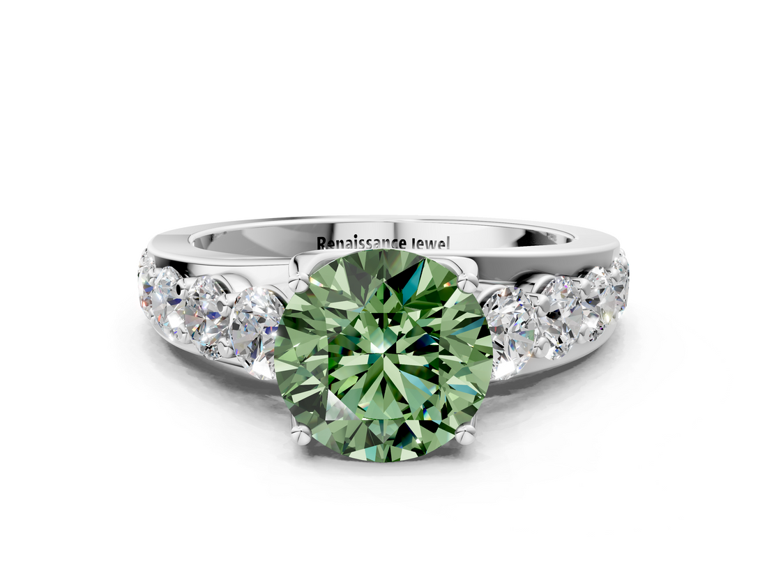 White gold Fancy Green Round  Cut Diamond Engagement Ring with Pavé Band and Four-Prong Setting_3