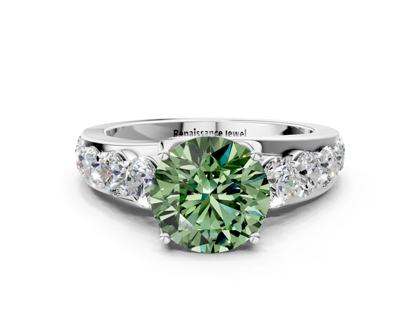 White gold Fancy Green Round Cut Diamond Engagement Ring with Pavé Band and Four-Prong Setting