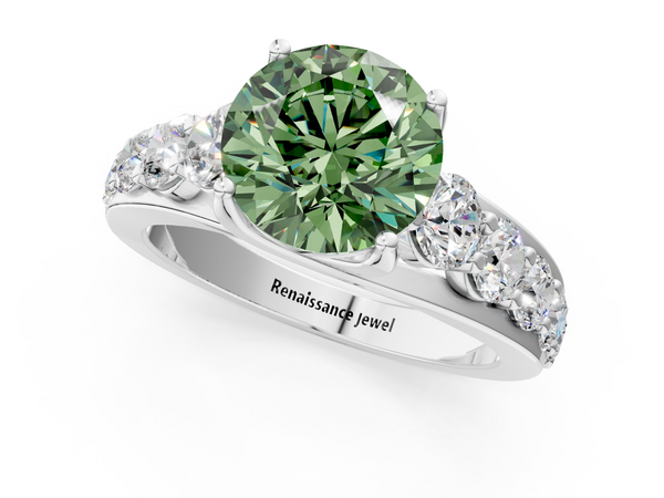White gold Fancy Green Round Cut Diamond Engagement Ring with Pavé Band and Four-Prong Setting