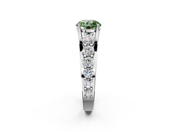 White gold Fancy Green Round Cut Diamond Engagement Ring with Pavé Band and Four-Prong Setting