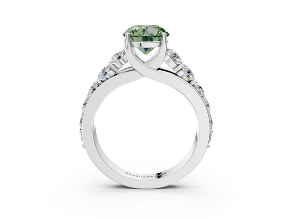 White gold Fancy Green Round Cut Diamond Engagement Ring with Pavé Band and Four-Prong Setting