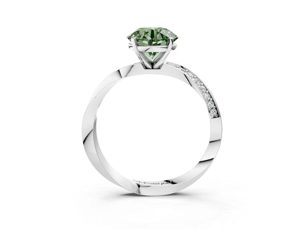White gold Fancy Green Round Cut Diamond Engagement Ring with Side Stone Accents and Four-Prong Setting