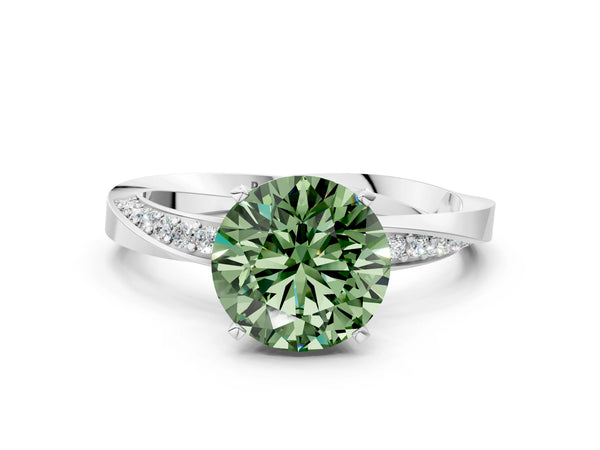 White gold Fancy Green Round Cut Diamond Engagement Ring with Side Stone Accents and Four-Prong Setting