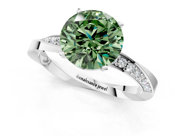 White gold Fancy Green Round Cut Diamond Engagement Ring with Side Stone Accents and Four-Prong Setting