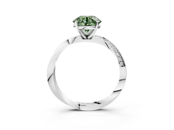 White gold Fancy Green Round Cut Diamond Engagement Ring with Side Stone Accents and Four-Prong Setting