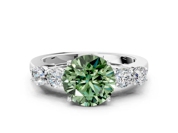 Platinum Fancy Green Round  Cut Diamond Five-Stone Prong Set White Gold Ring