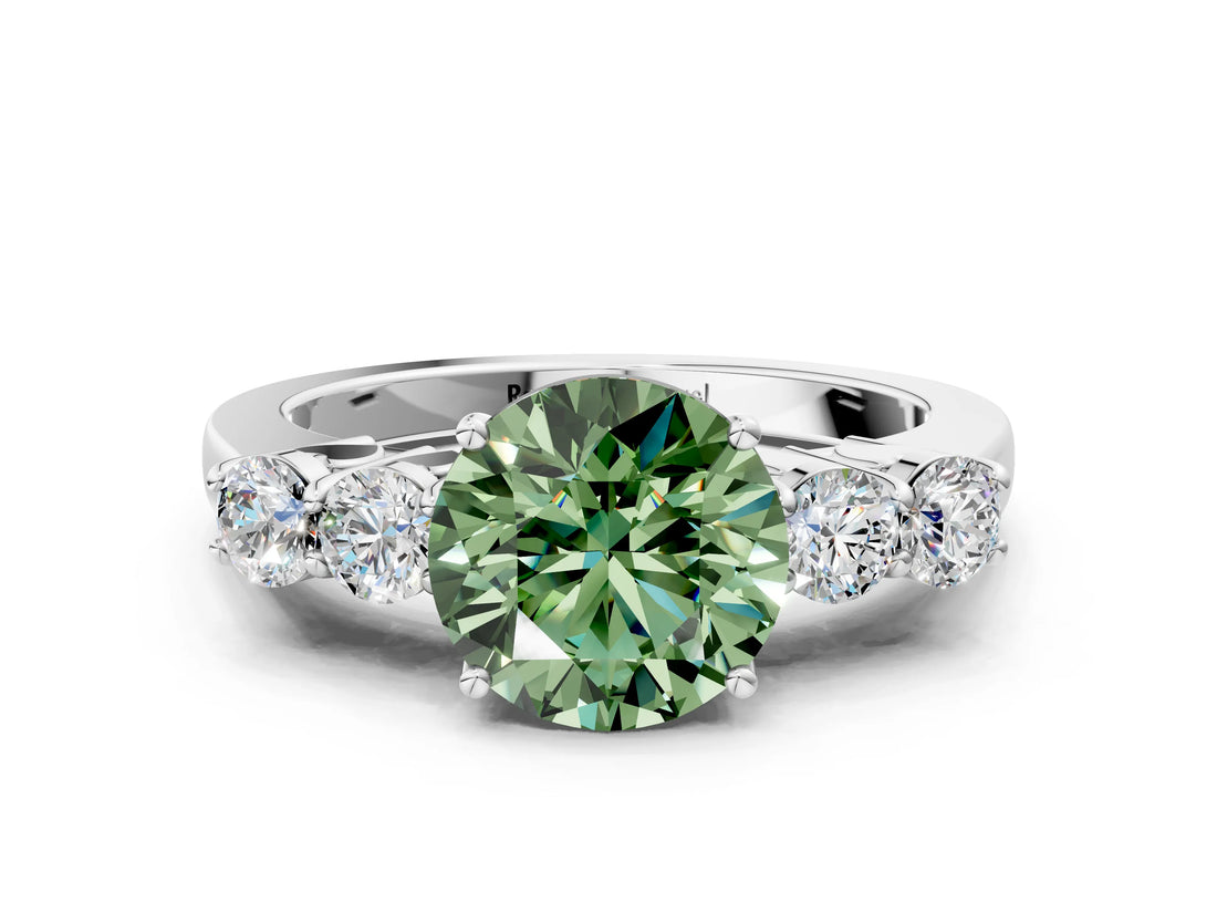 White gold Fancy Green Round  Cut Diamond Five-Stone Prong Set White Gold Ring_32
