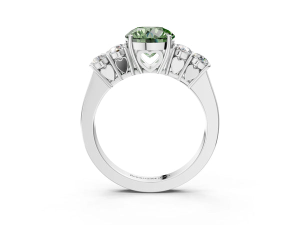 Platinum Fancy Green Round  Cut Diamond Five-Stone Prong Set White Gold Ring