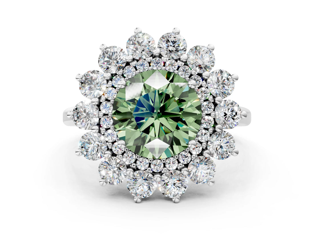White gold Fancy Green Round Cut Diamond Floral Double Halo Engagement Ring with Prong Setting_102