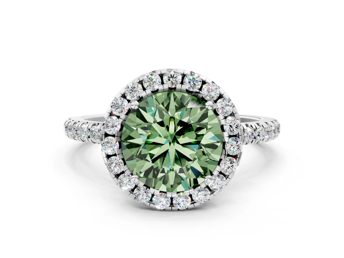 White gold Fancy Green Round  Cut Diamond Floral Halo Engagement Ring with Pavé Band and Prong Setting_56