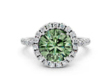 White gold Fancy Green Round  Cut Diamond Floral Halo Engagement Ring with Pavé Band and Prong Setting_60