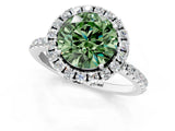White gold Fancy Green Round  Cut Diamond Floral Halo Engagement Ring with Pavé Band and Prong Setting_62