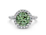 White gold Fancy Green Round  Cut Diamond Floral Halo Engagement Ring with Pavé Band and Prong Setting_73