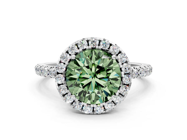 Platinum Fancy Green Round  Cut Diamond Floral Halo Engagement Ring with Pavé Band and Prong Setting