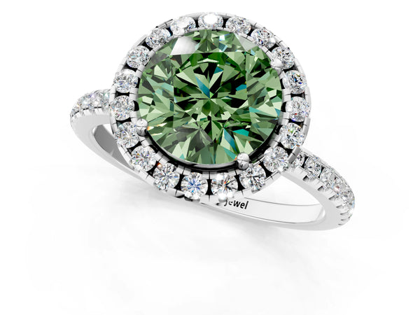 Platinum Fancy Green Round  Cut Diamond Floral Halo Engagement Ring with Pavé Band and Prong Setting
