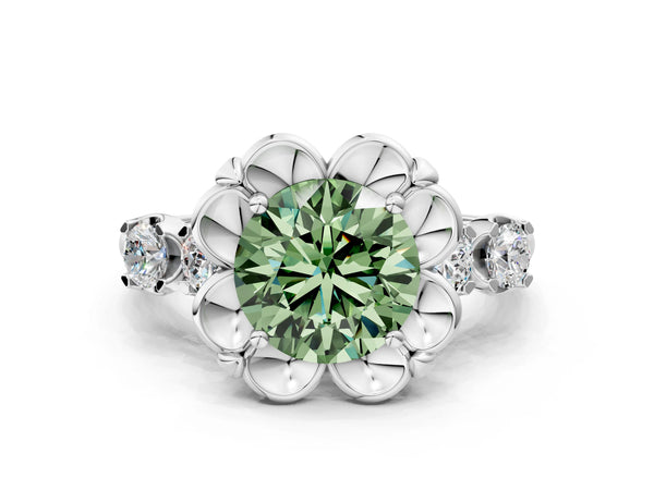 White Gold Round Floral Engagement Ring Setting for Fancy Green Center with Side Accents