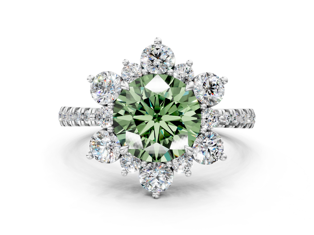 White gold Fancy Green Round  Cut Diamond Floral Halo Pave Band with Prong Setting_37