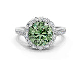 White gold Fancy Green Round Cut Diamond Floral Halo Ring with Pavé Band and Prong Setting_7