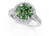 White gold Fancy Green Round Cut Diamond Floral Halo Ring with Pavé Band and Prong Setting_8